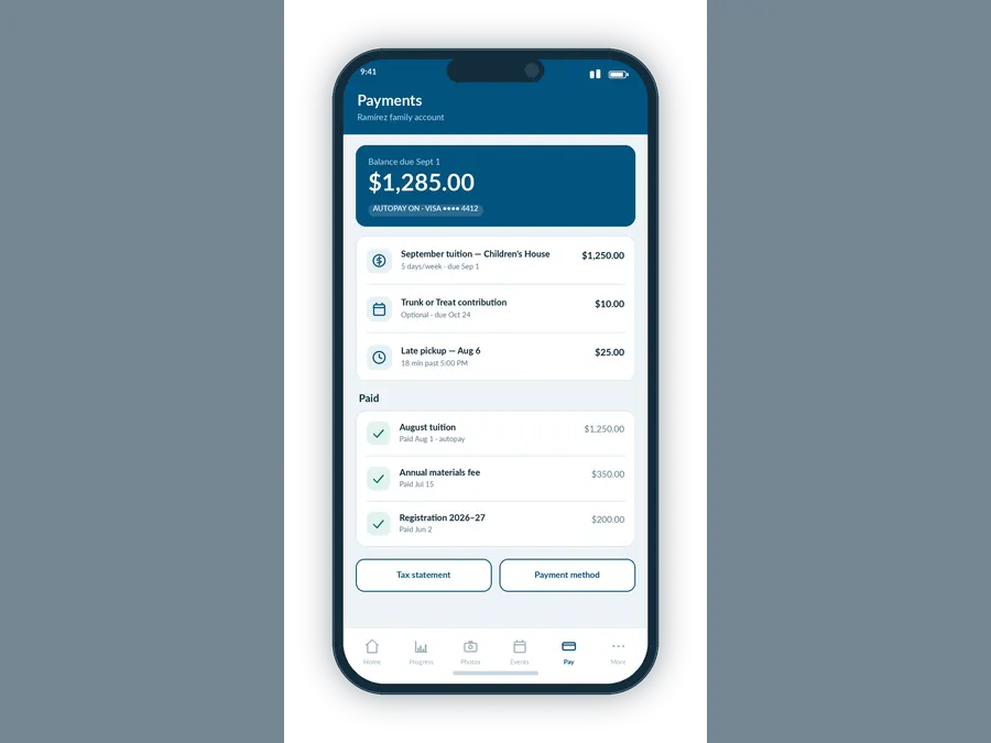 A phone payments screen showing an amount due, the items it covers and a list of paid charges.