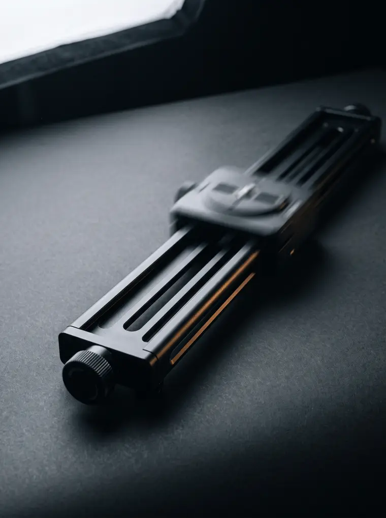 A camera slider rail on a charcoal surface, its carriage blurred mid travel.