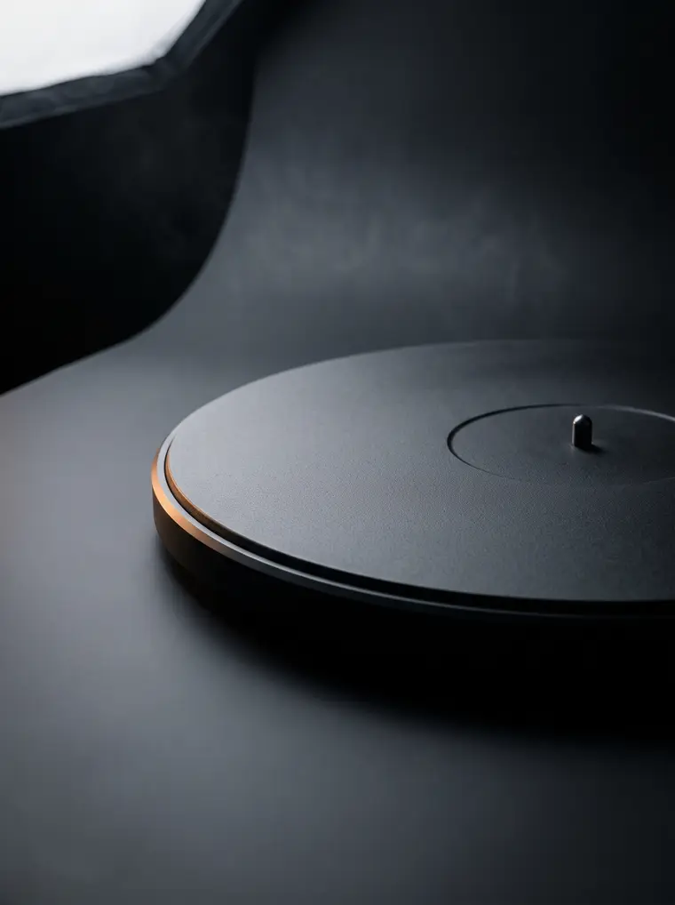 Un disco giratorio negro mate y vacío, iluminado por un solo borde de luz ámbar.