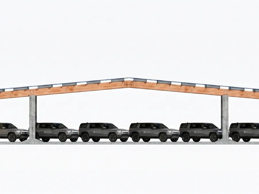 A straight on elevation render of a long timber and steel canopy with electric vehicles parked underneath it.