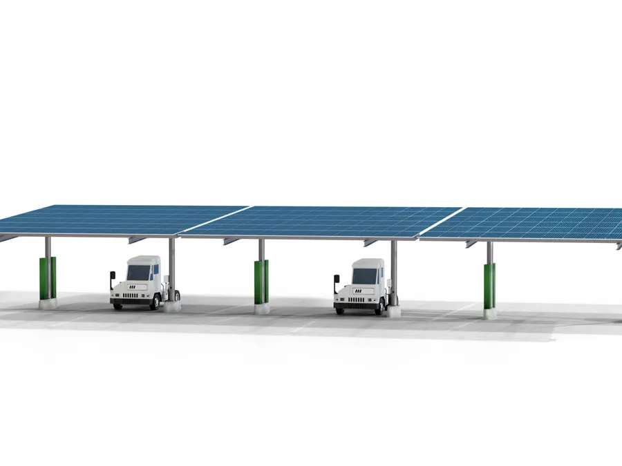A steel framed solar canopy over two delivery van bays, rendered on a plain white background.