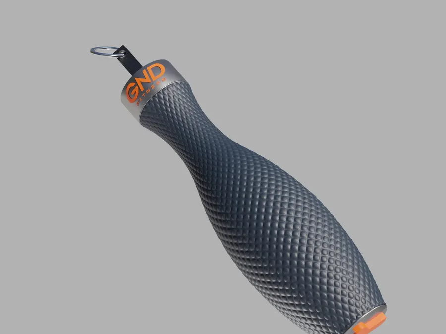 Render of a weighted jump rope handle with a diamond textured grip and an orange logo on the metal collar, on a plain grey background.