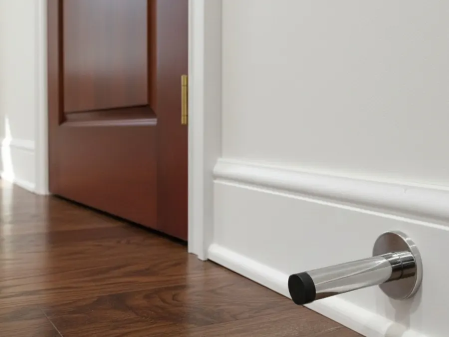 A polished chrome cylindrical door stop with a black rubber tip, mounted on white baseboard beside a dark wood door standing ajar over a walnut plank floor.