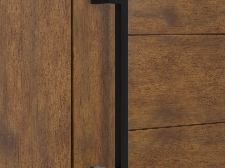 Close render of a matte black square pull handle on offset standoffs, mounted on a warm walnut door.