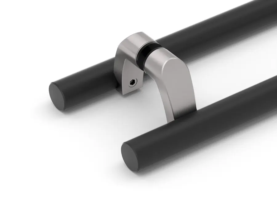 Close view of a brushed stainless standoff clamping two black door bars, showing a small set screw, on white.
