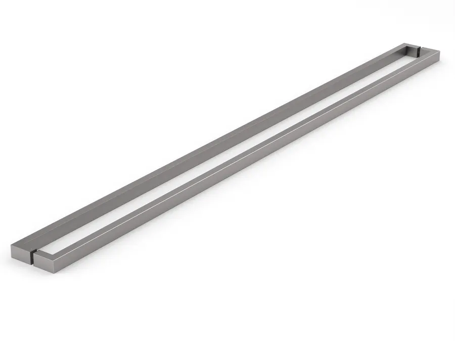 Long brushed satin square section pull shown at an angle across a plain white background.