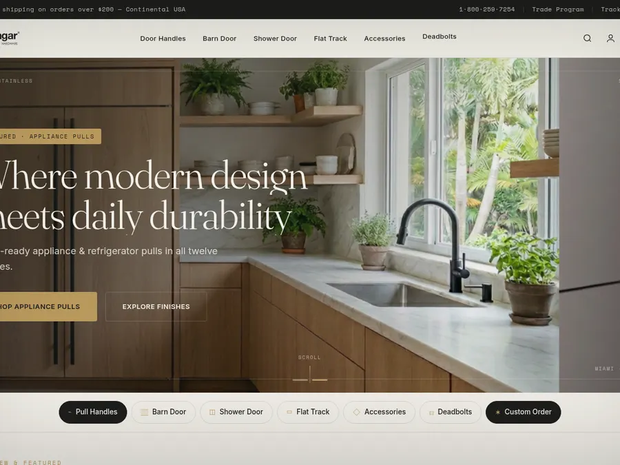 Website hero showing a bright kitchen with oak cabinets, a marble counter, a black faucet and potted herbs at the window, with the headline Where modern design meets daily durability on the left.