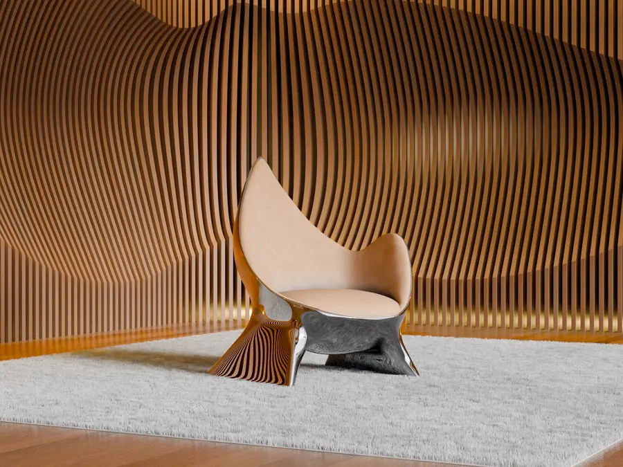 Sculptural lounge chair with a tall curved back and a grey seat, standing on a pale rug in front of a wall of vertical wood slats that ripple in a wave.
