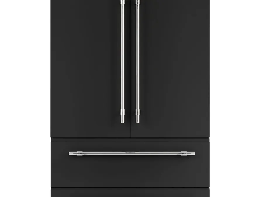 Matte black french door refrigerator on a white background with polished stainless bar pulls on both upper doors and on the two lower drawers.