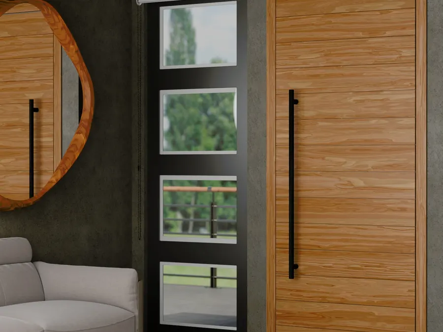 Interior entryway render with a light oak front door and long matte black pull, a glazed sidelight, grey concrete walls, a round wood framed mirror and a pale sofa.