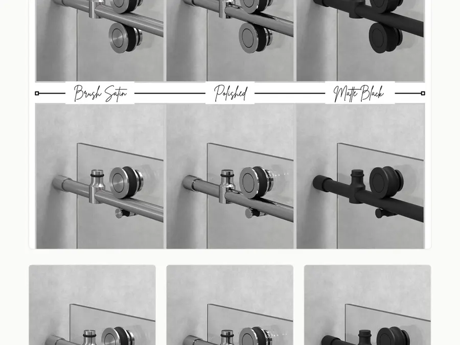 One page catalogue sheet titled Glass Shower Sliding System showing nine renders of a glass shower roller in three finishes.