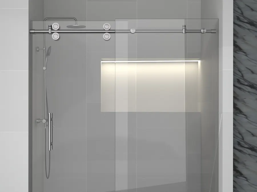 A frameless glass sliding shower door on a polished chrome roller track, set in a grey tiled enclosure with a rain head, hand shower and a marble slab wall at right.