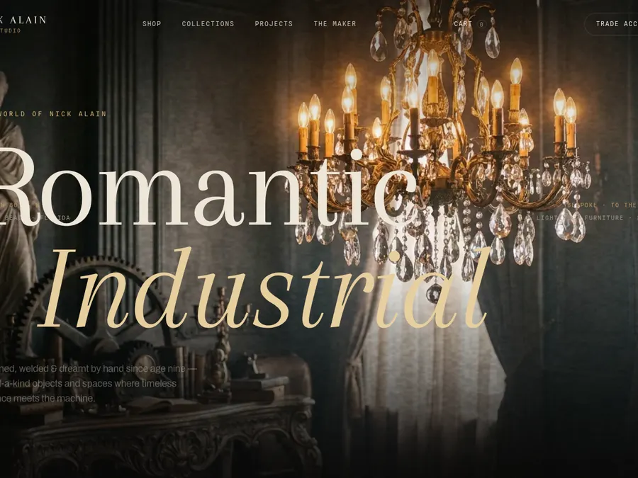 Website homepage showing a lit crystal chandelier in a dim room, with the large serif words Romantic Industrial across the middle and a navigation bar on top.