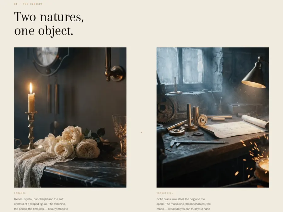 Cream website page headed Two natures, one object, with two photographs side by side, one of candlelight and roses on a dark table, one of a workbench with brass parts and sparks.