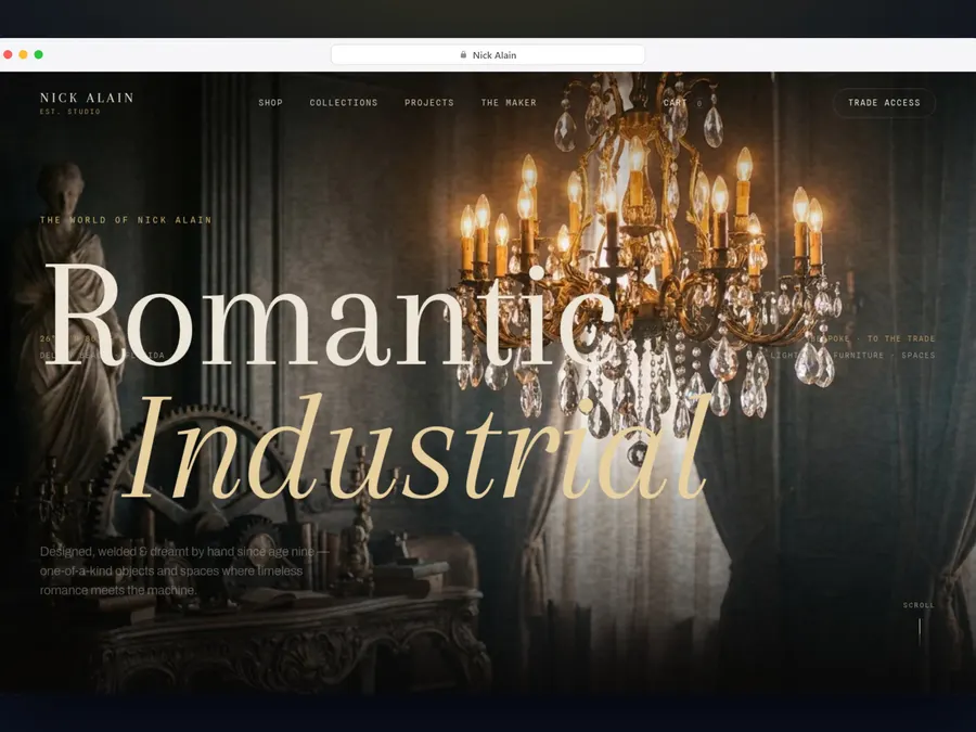 A browser window on a deep navy background showing the chandelier homepage with the words Romantic Industrial across it.