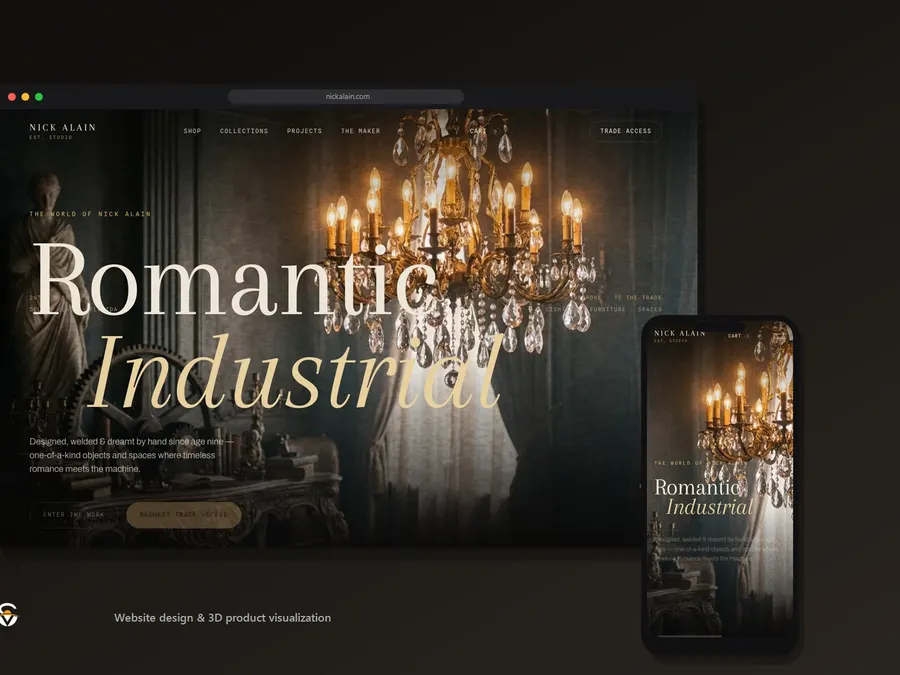 A browser window and a phone side by side on a dark brown background, both showing the chandelier homepage, with a small logo and the line Website design and 3D product visualization underneath.
