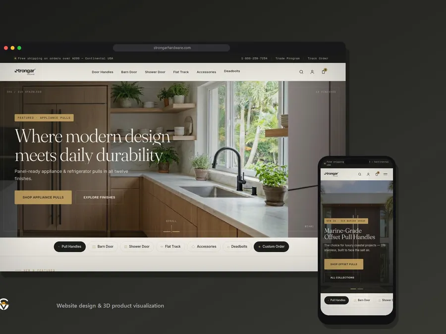 A browser window and a phone side by side on a dark olive background, the desktop showing a bright kitchen hero and the phone showing a dark door hero, with a small logo and the line Website design and 3D product visualization underneath.