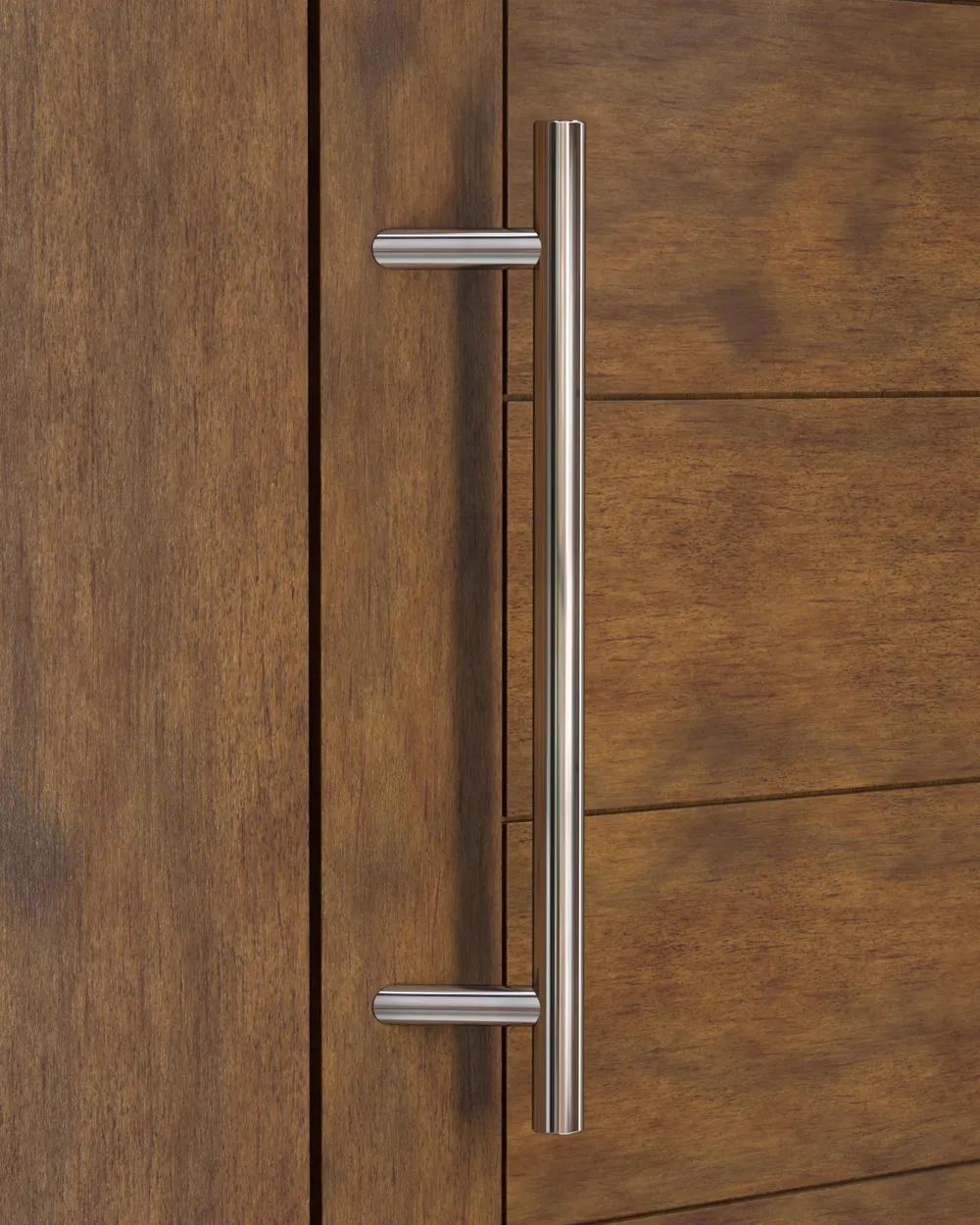 A satin stainless bar pull mounted on a dark wood entry door.