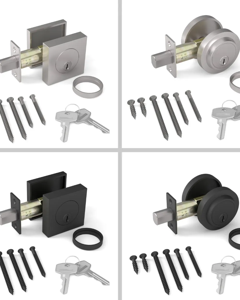 One deadbolt shown four times, in satin nickel, polished chrome, matte black and satin brass, each with its screws and keys.