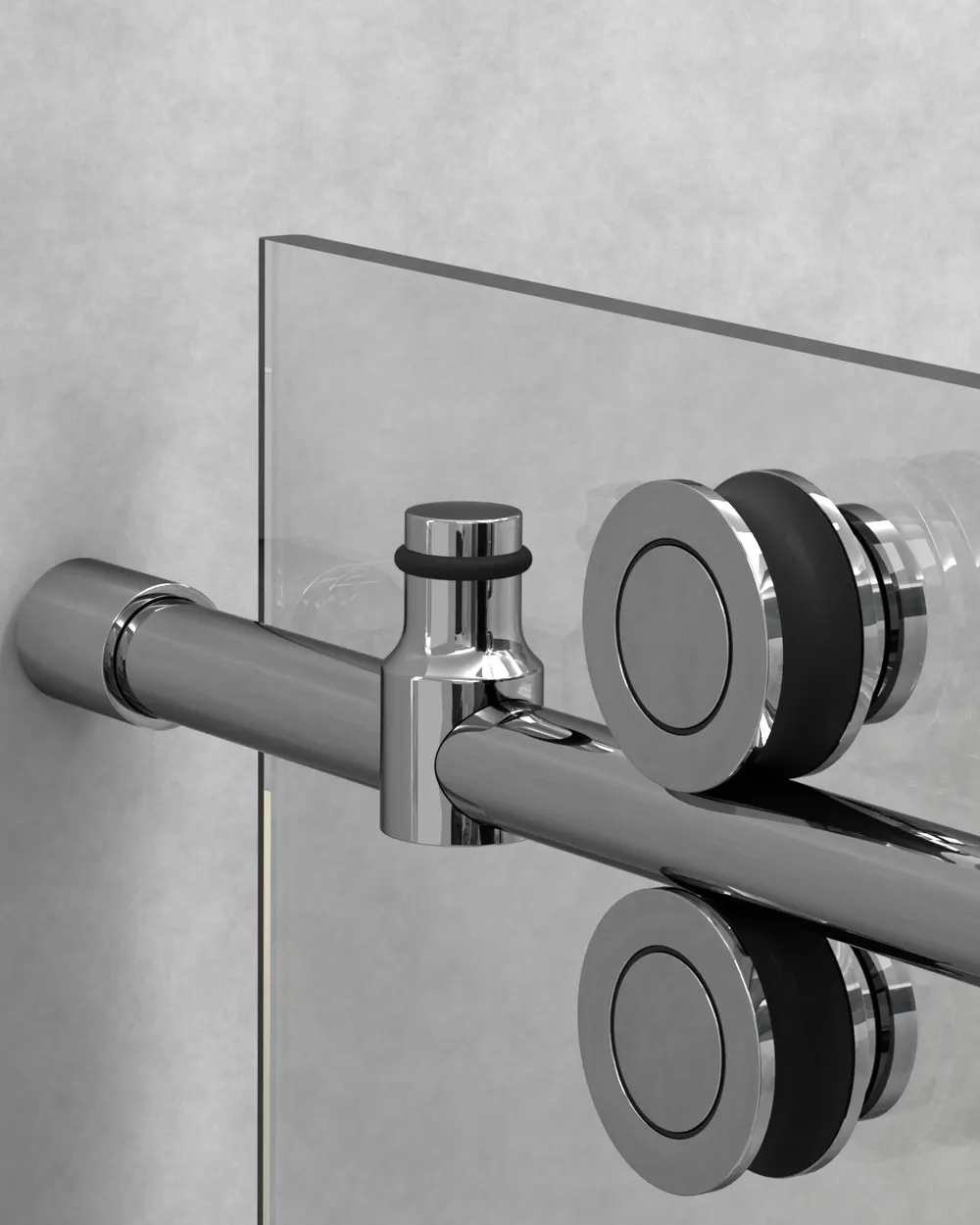 Close view of a polished shower door roller and rail against a concrete wall.