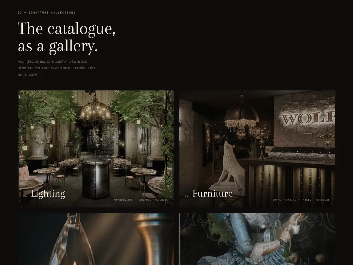 A collections page headed "The catalogue, as a gallery", with lit interiors as the category tiles.
