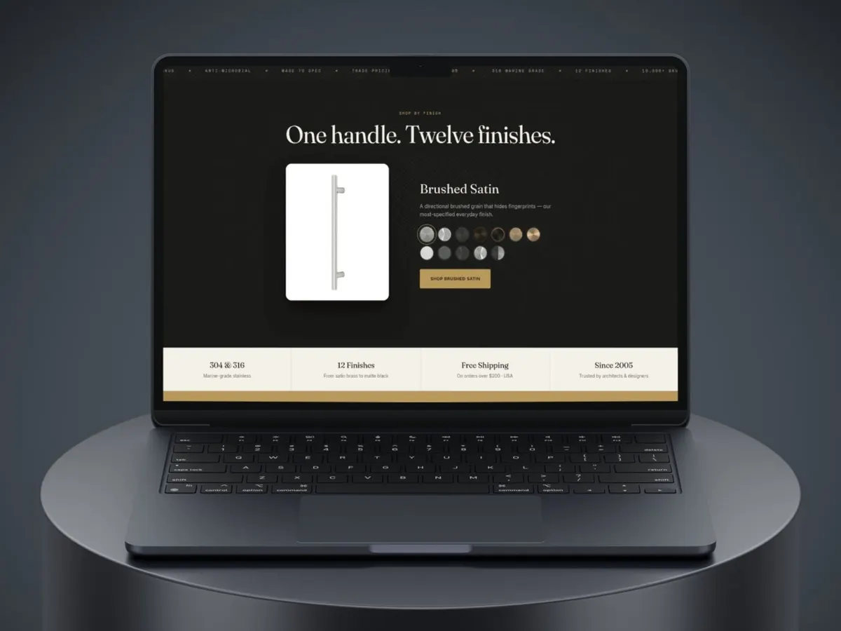A laptop showing a product page headed "One handle. Twelve finishes." with a finish selector.