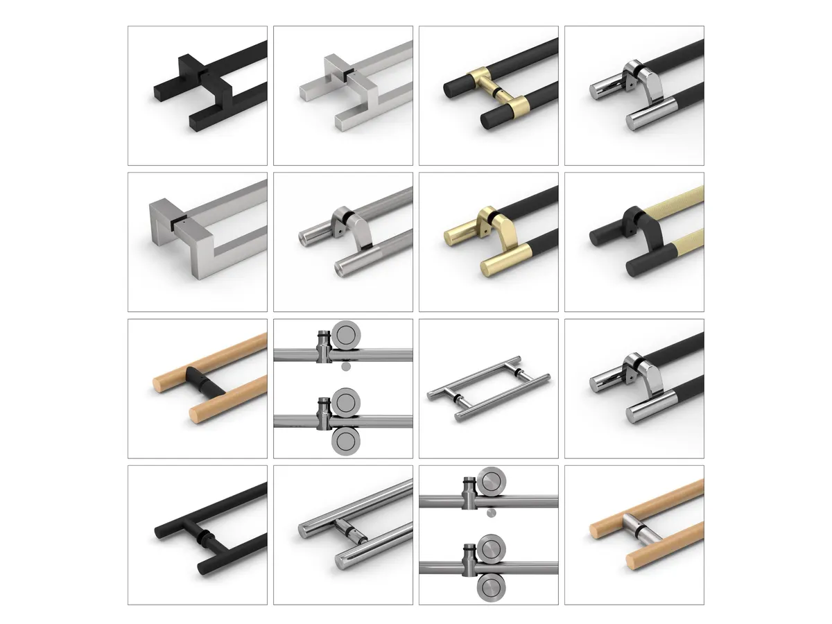 Sixteen pull handle and lever variants photographed the same way on white, as one catalogue sheet.