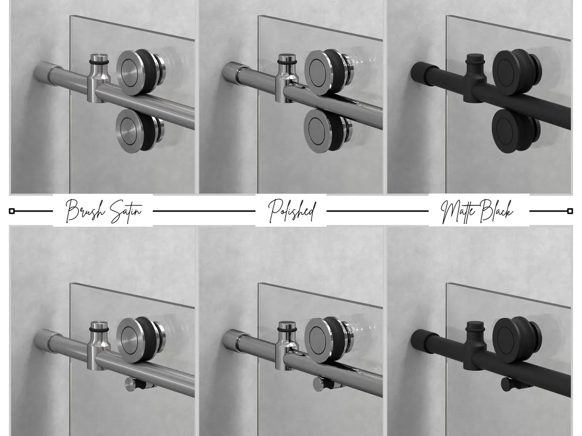 The same shower door roller shown in brushed satin, polished and matte black.