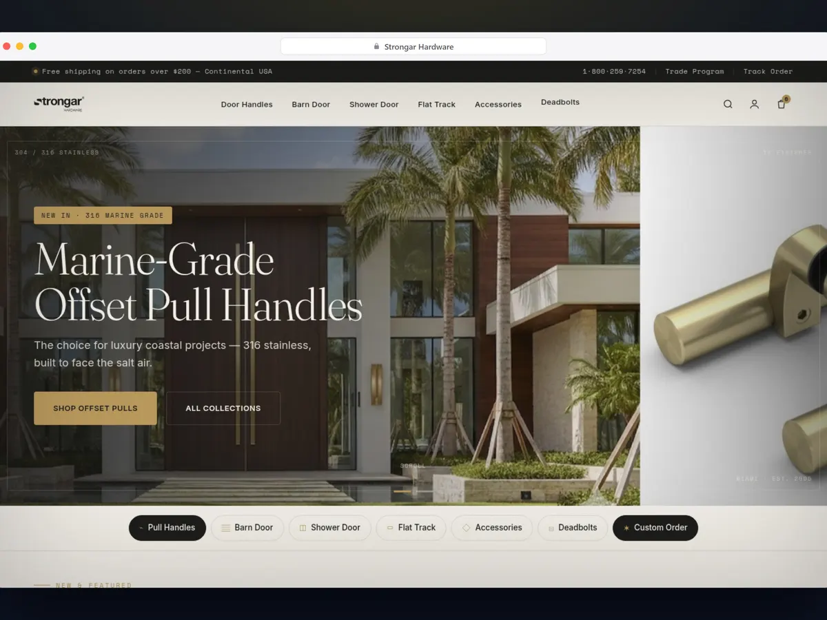 The Strongar Hardware store homepage, with a marine-grade offset pull handle over a coastal house.